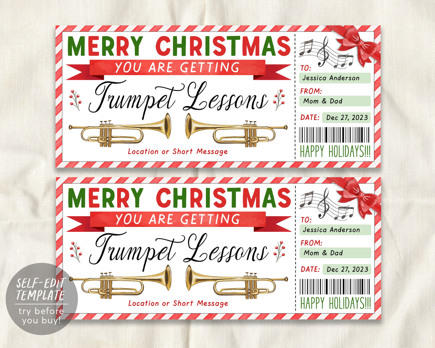 Trumpet Lessons Christmas Gift Certificate Editable Template