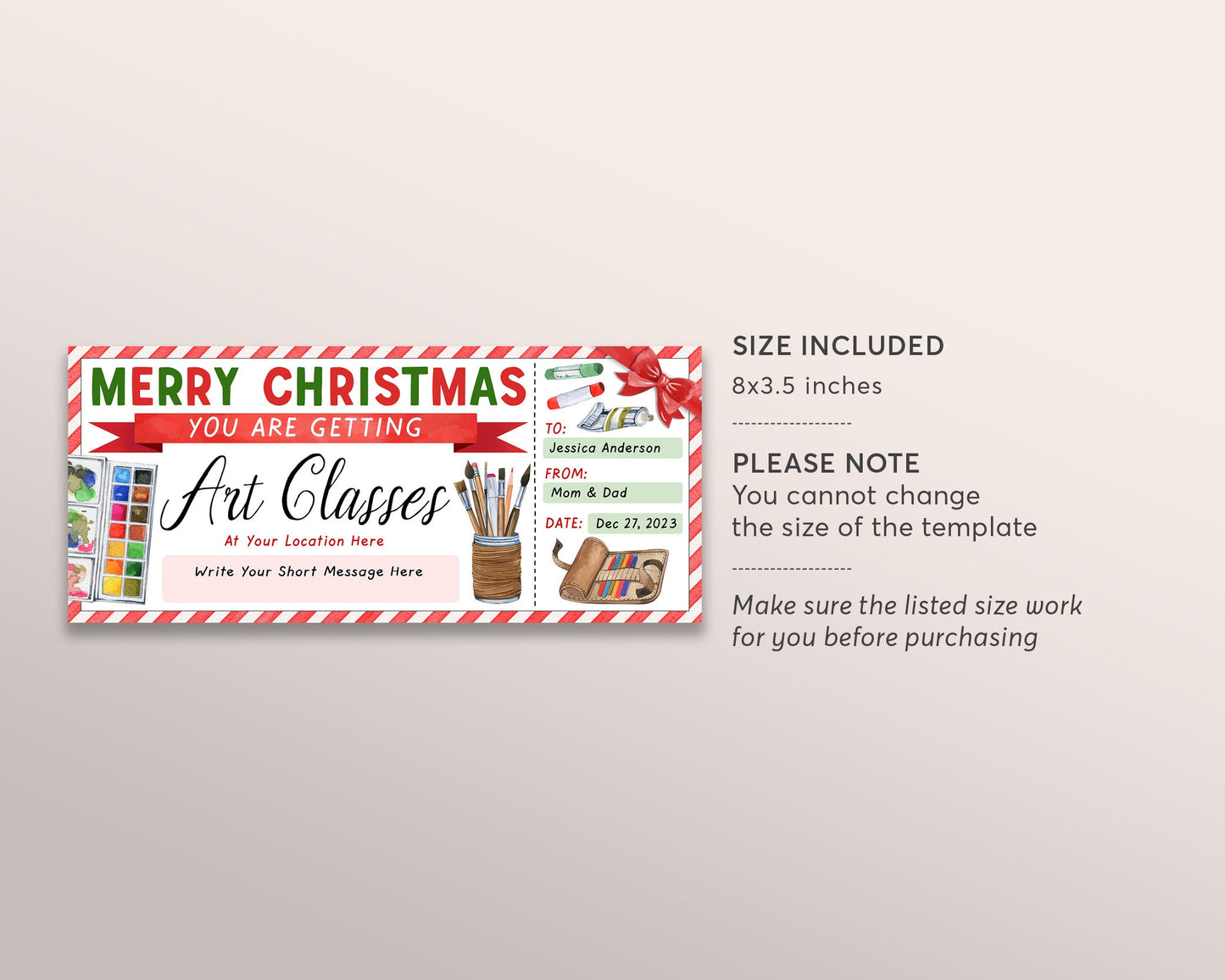 Art Class Christmas Gift Certificate Editable Template, Surprise Painting Lessons, Watercolor Experience Voucher, Holiday Reveal Coupon