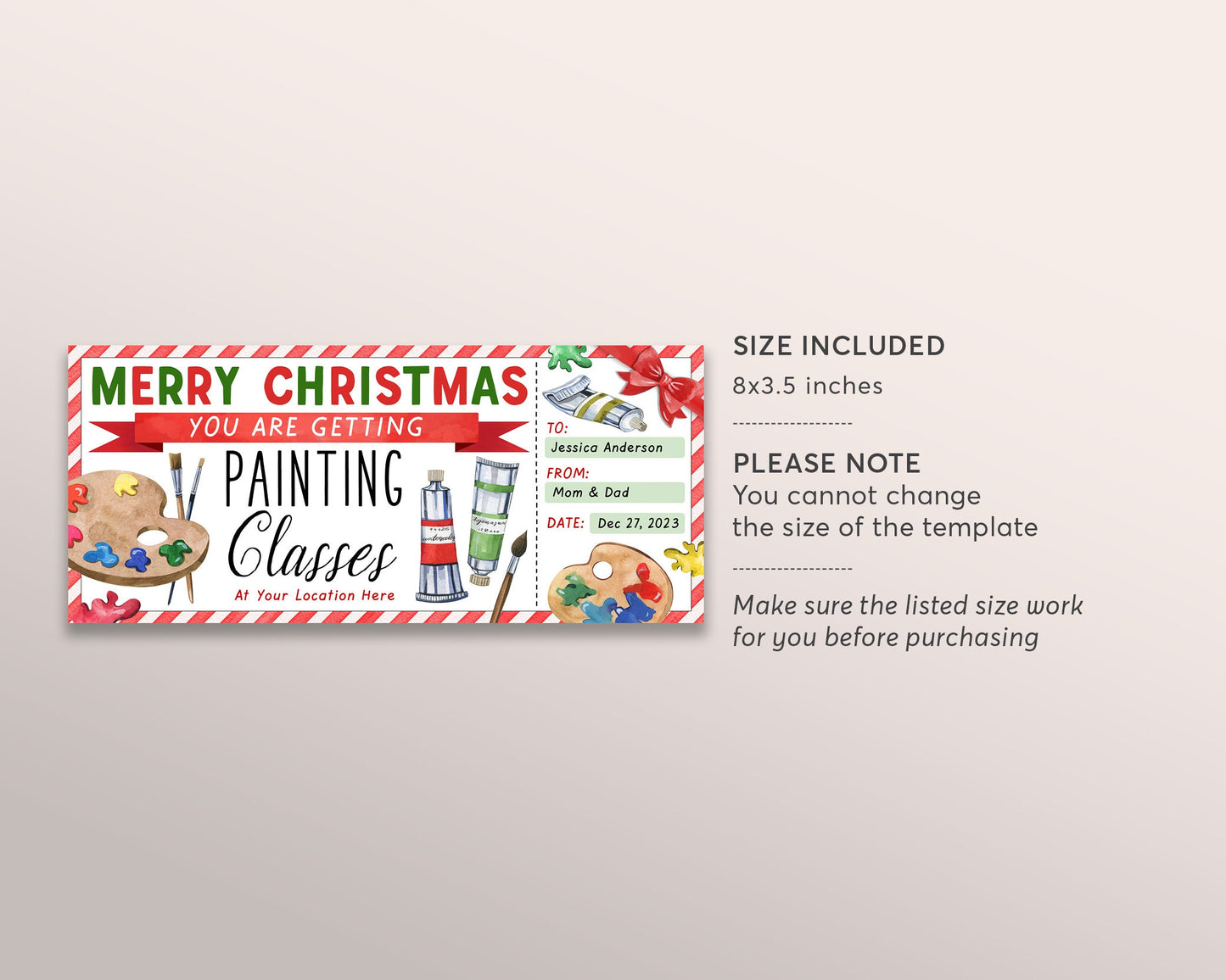 Painting Class Christmas Gift Certificate Ticket Editable Template, Surprise Painting Experience Art Lessons Classes, Oil Painting Voucher