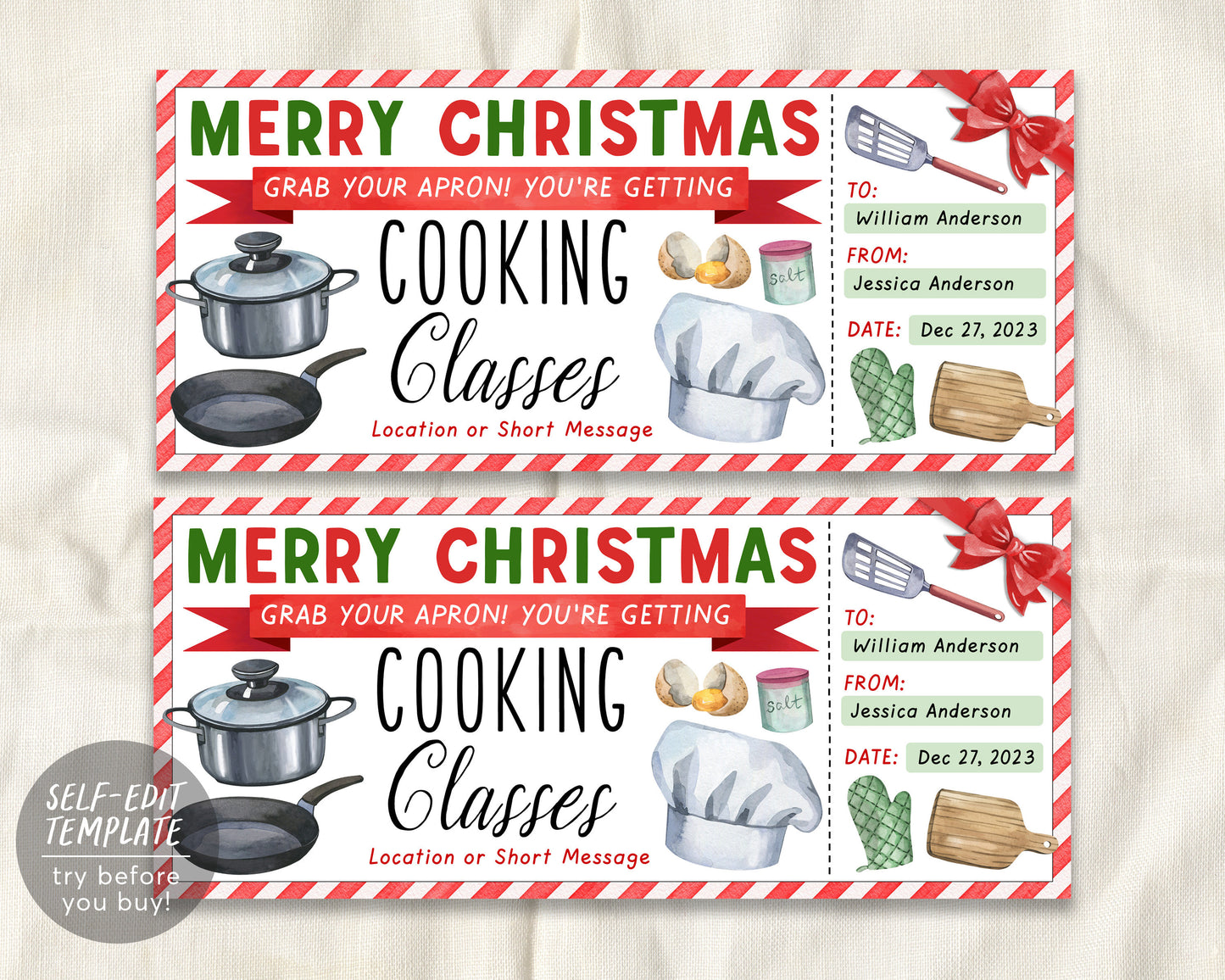 Cooking Lessons Christmas Gift Certificate Ticket Editable Template