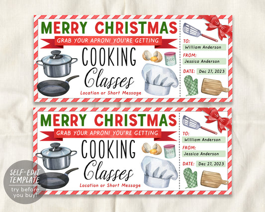 Cooking Lessons Christmas Gift Certificate Ticket Editable Template