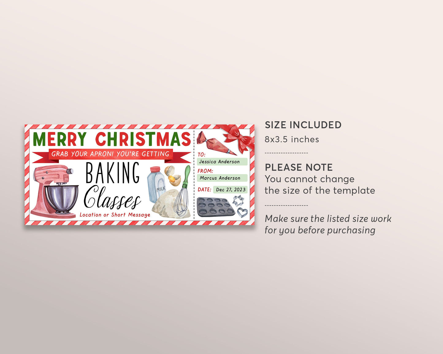 Baking Classes Christmas Gift Certificate Ticket Editable Template, Surprise Cake Baking Lessons Experience, Cake Decoration Gift Voucher