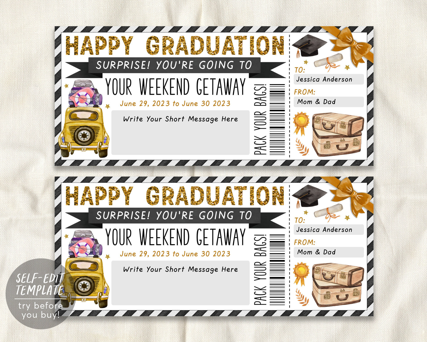 Graduation Weekend Getaway Voucher Editable Template