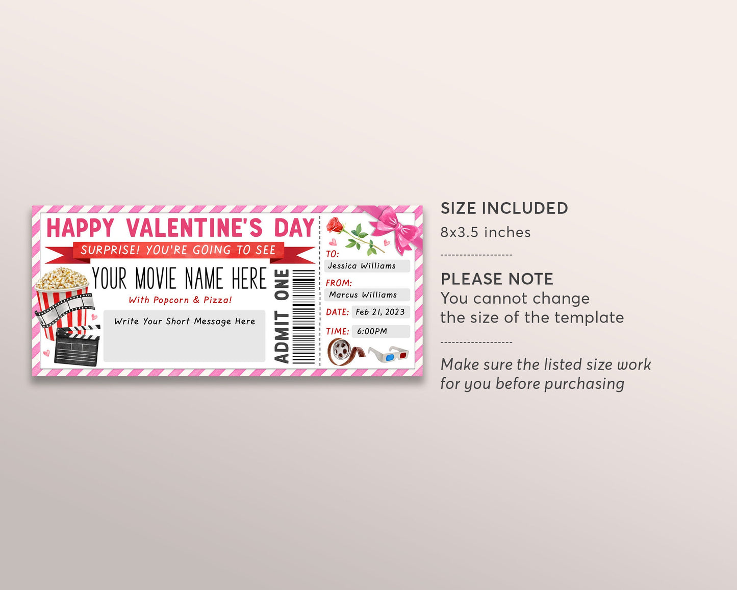 Valentines Day Movie Ticket Invitation Editable Template, Movie Night Family Friends Wife Husband Gift Voucher Invite Reveal, Cinema Theatre