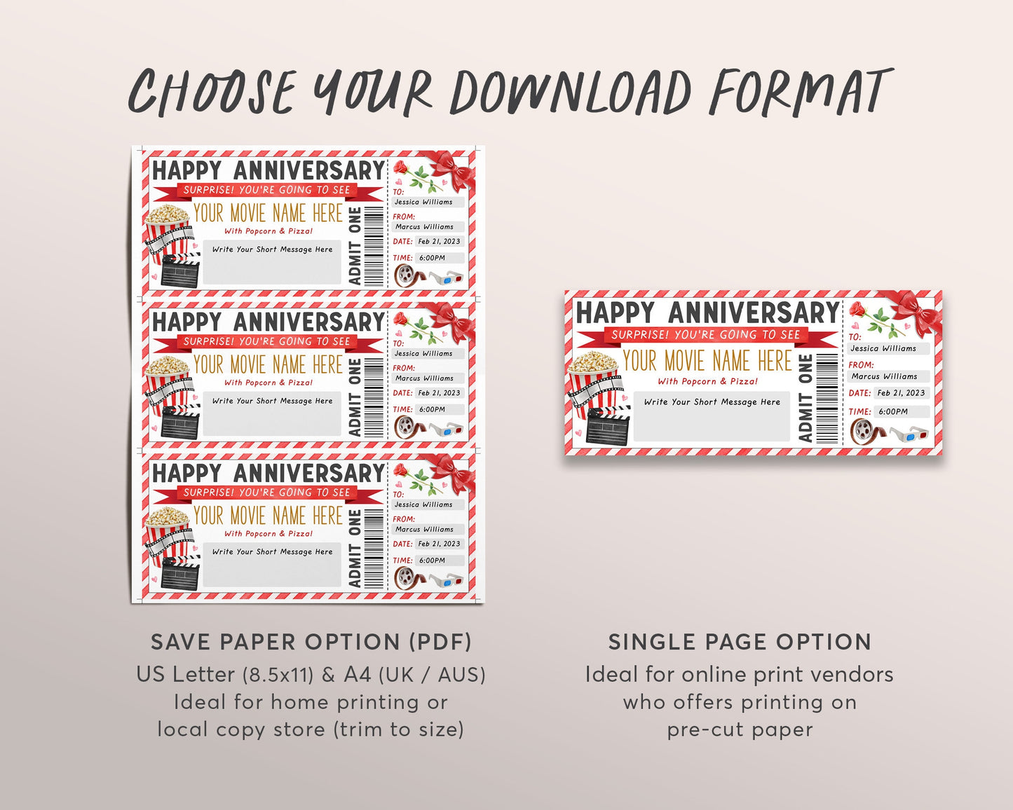 Movie Ticket Invitation Editable Template, Wedding Anniversary Movie Night For Wife Husband Gift Voucher Invite Reveal, Cinema Coupon