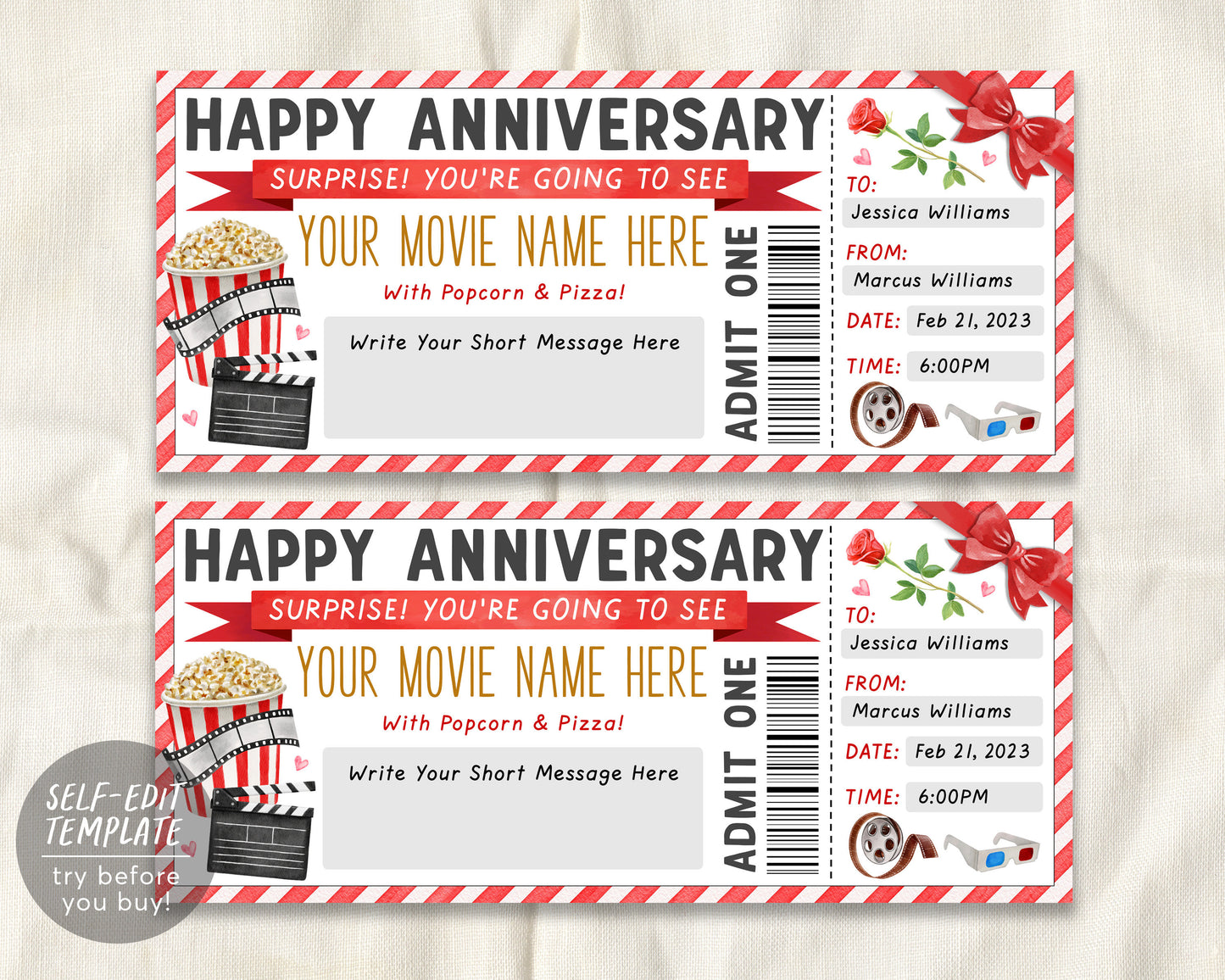 Movie Ticket Invitation Editable Template