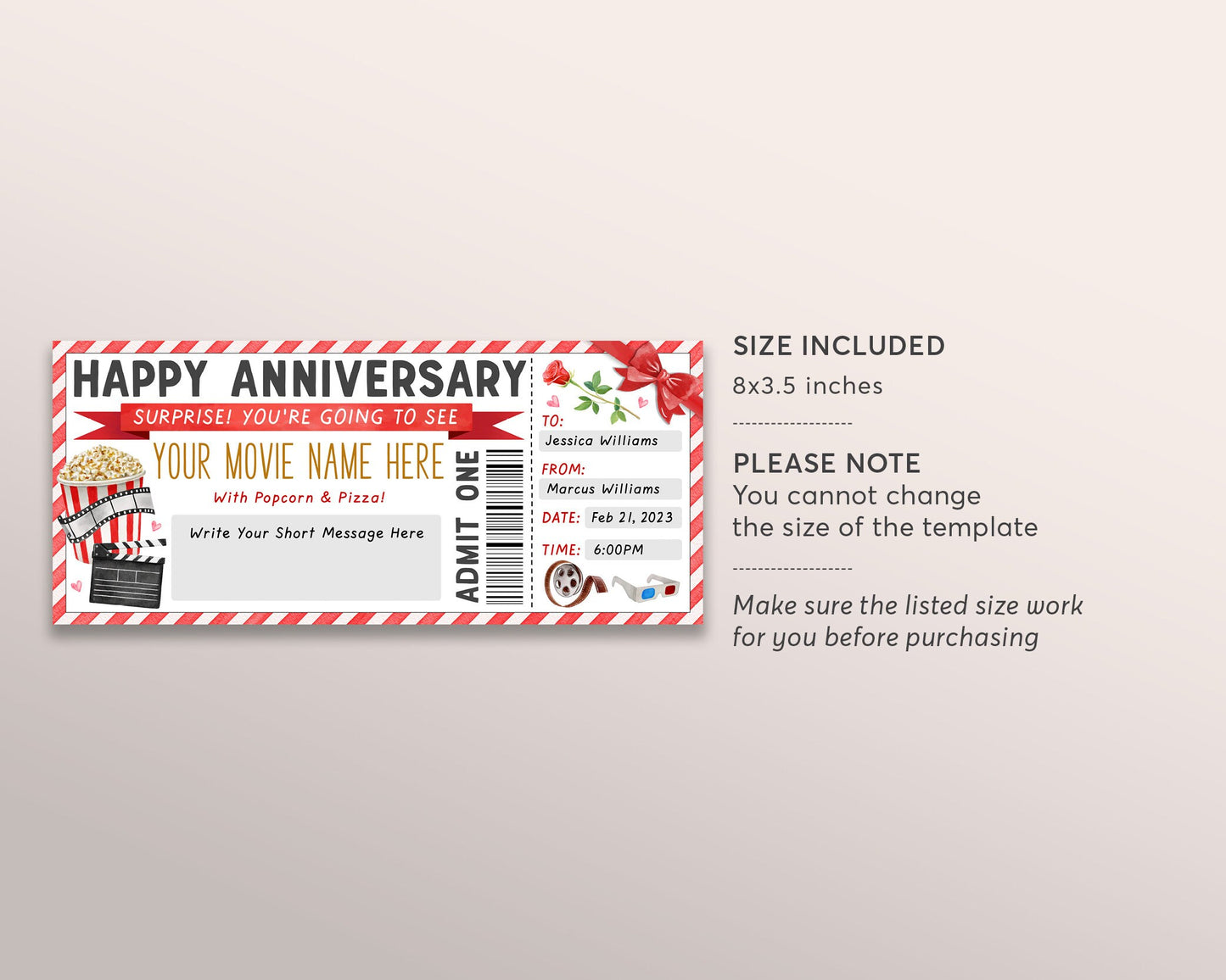 Movie Ticket Invitation Editable Template, Wedding Anniversary Movie Night For Wife Husband Gift Voucher Invite Reveal, Cinema Coupon