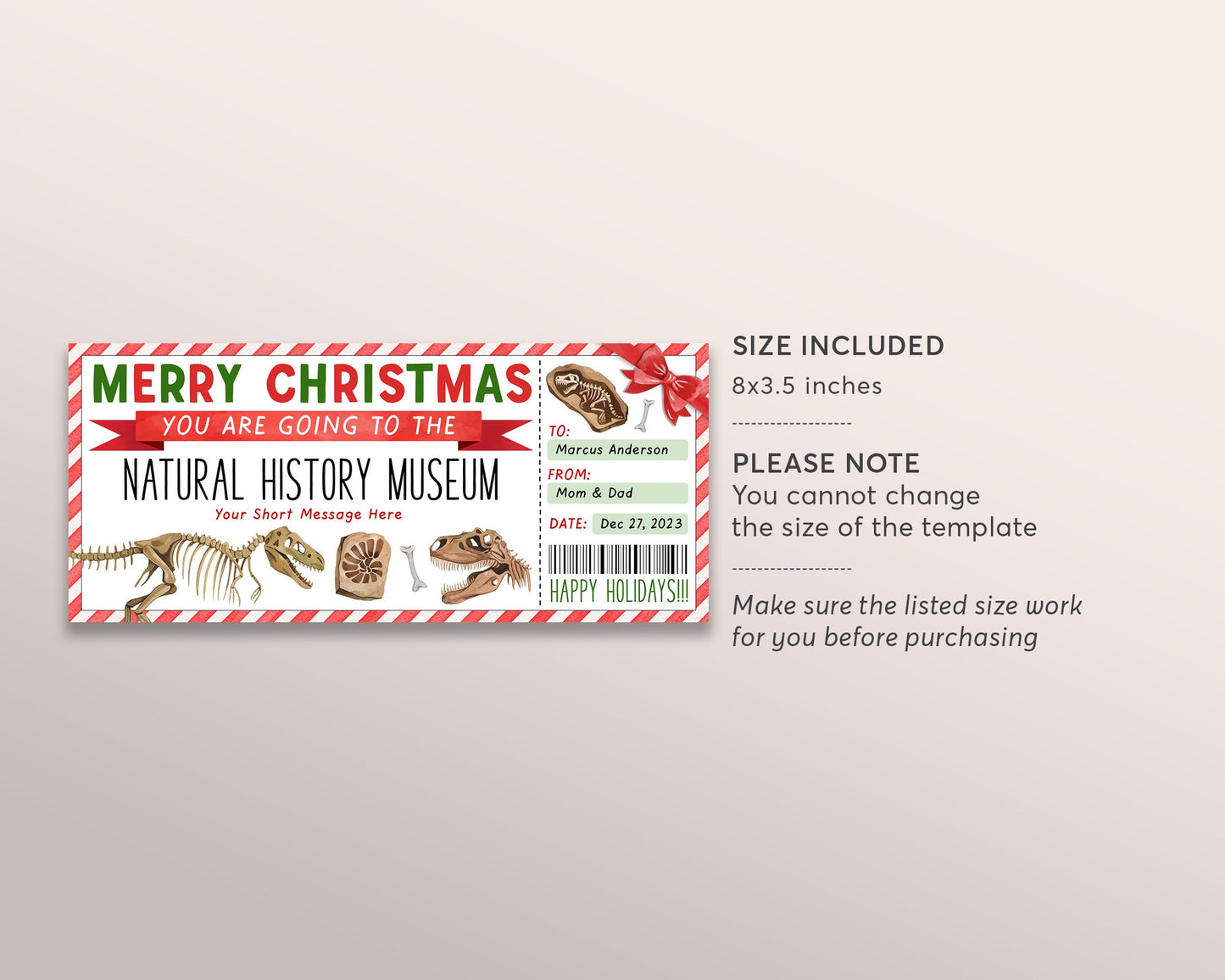 Natural History Museum Ticket Editable Template, Surprise Museum Membership Gift Voucher For Kids, Fossil Dinosaur Trip Gift Certificate