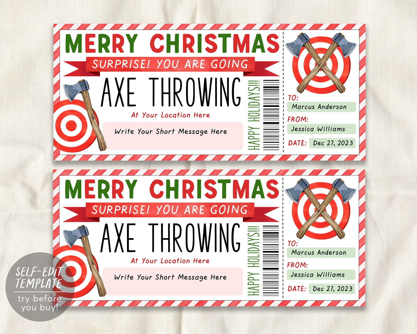 Christmas Axe Throwing Gift Certificate Ticket Editable Template