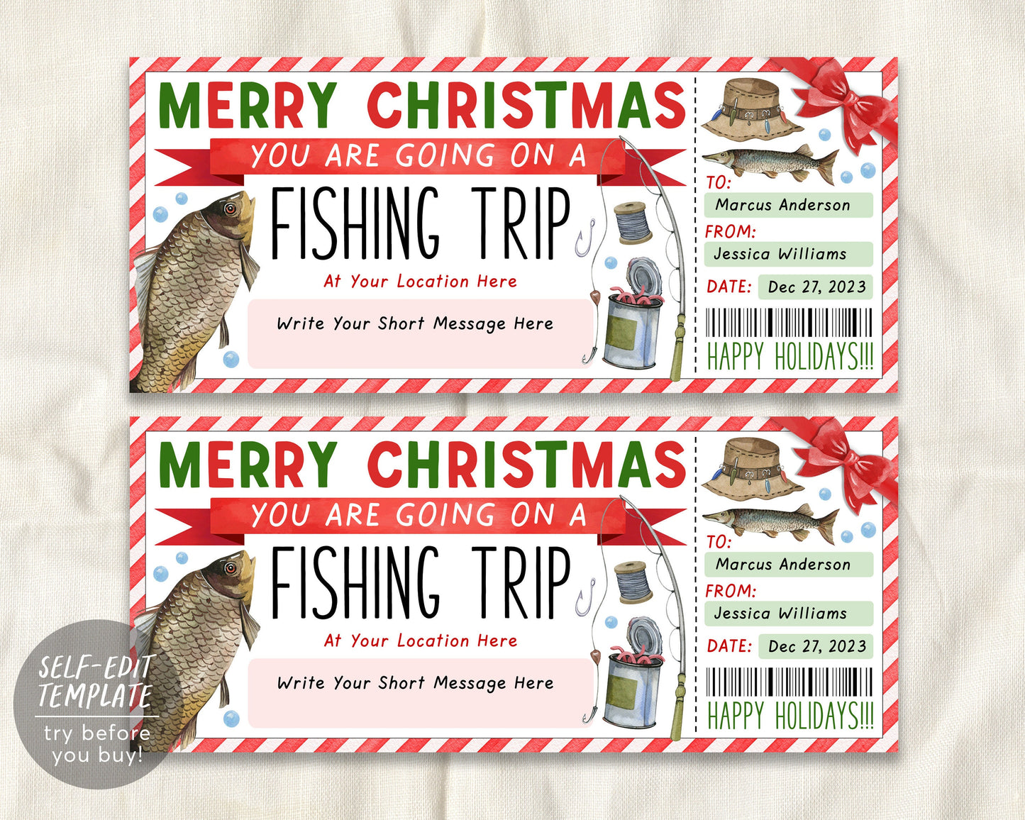 Christmas Fishing Trip Ticket Editable Template