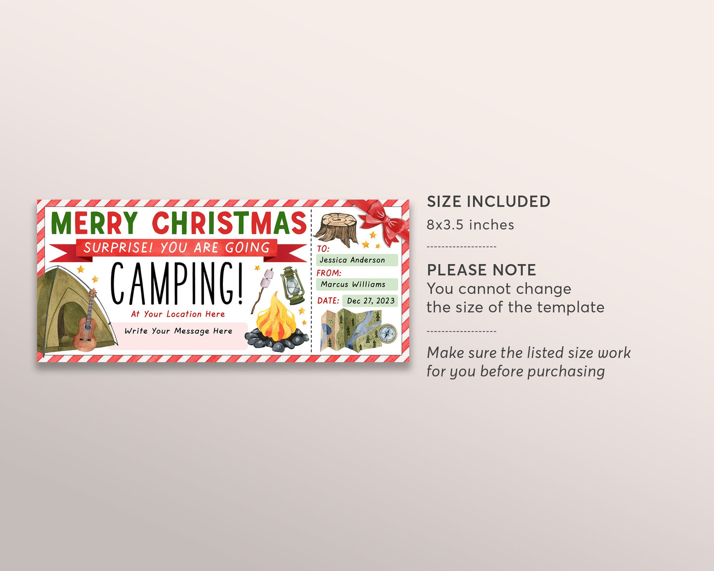 Christmas Camping Trip Ticket Editable Template, Surprise Weekend Trip Reveal Gift Certificate, Wilderness Hiking Experience Voucher Coupon