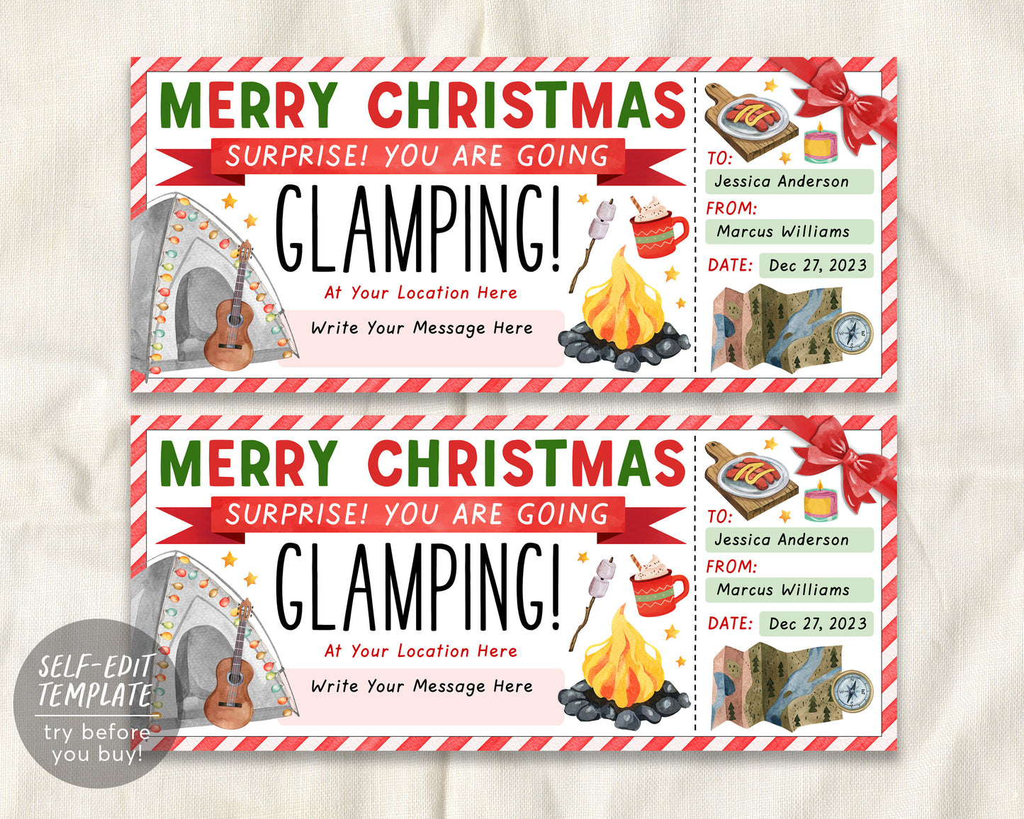 Christmas Glamping Trip Ticket Editable Template