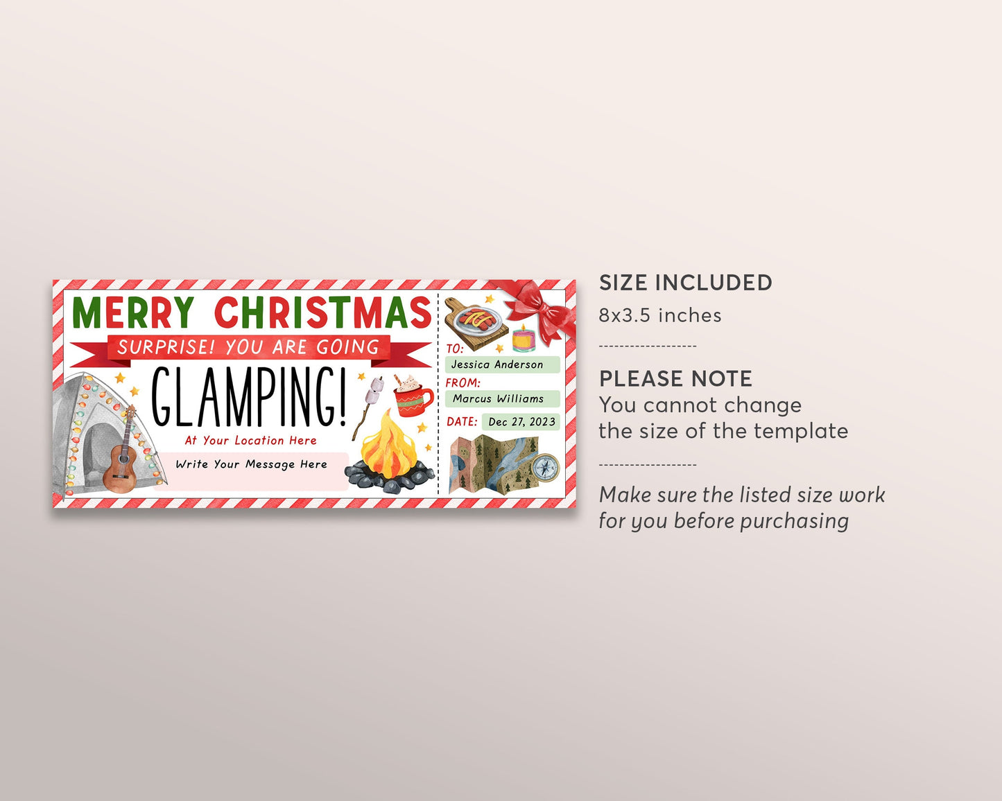 Christmas Glamping Trip Ticket Editable Template, Surprise Glamping Weekend Trip Reveal Gift Certificate Camping Experience Voucher Coupon