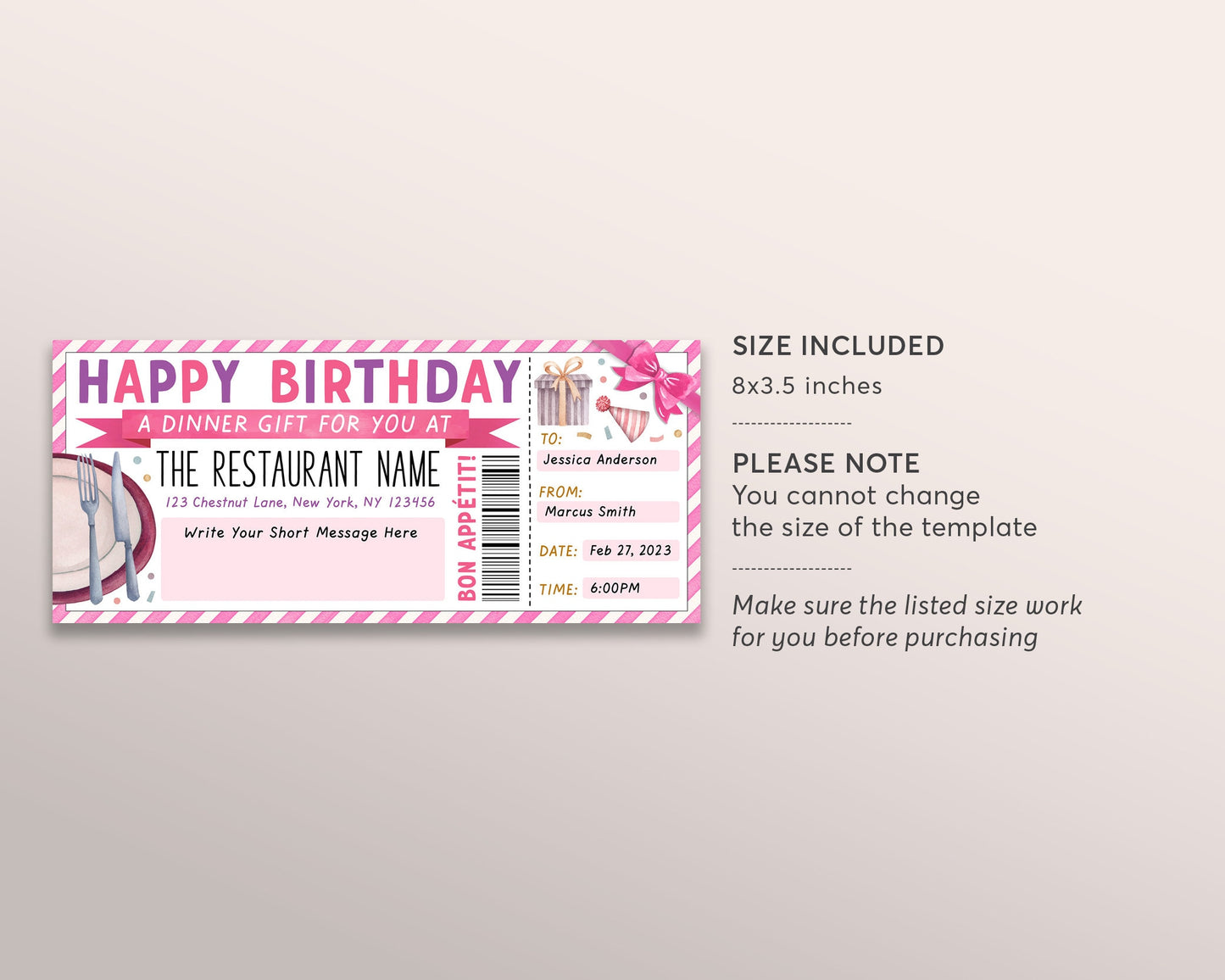 Birthday Restaurant Gift Voucher Editable Template, Surprise Dinner Date Gift Certificate Invite For Her Printable, Dining Night Out Coupon