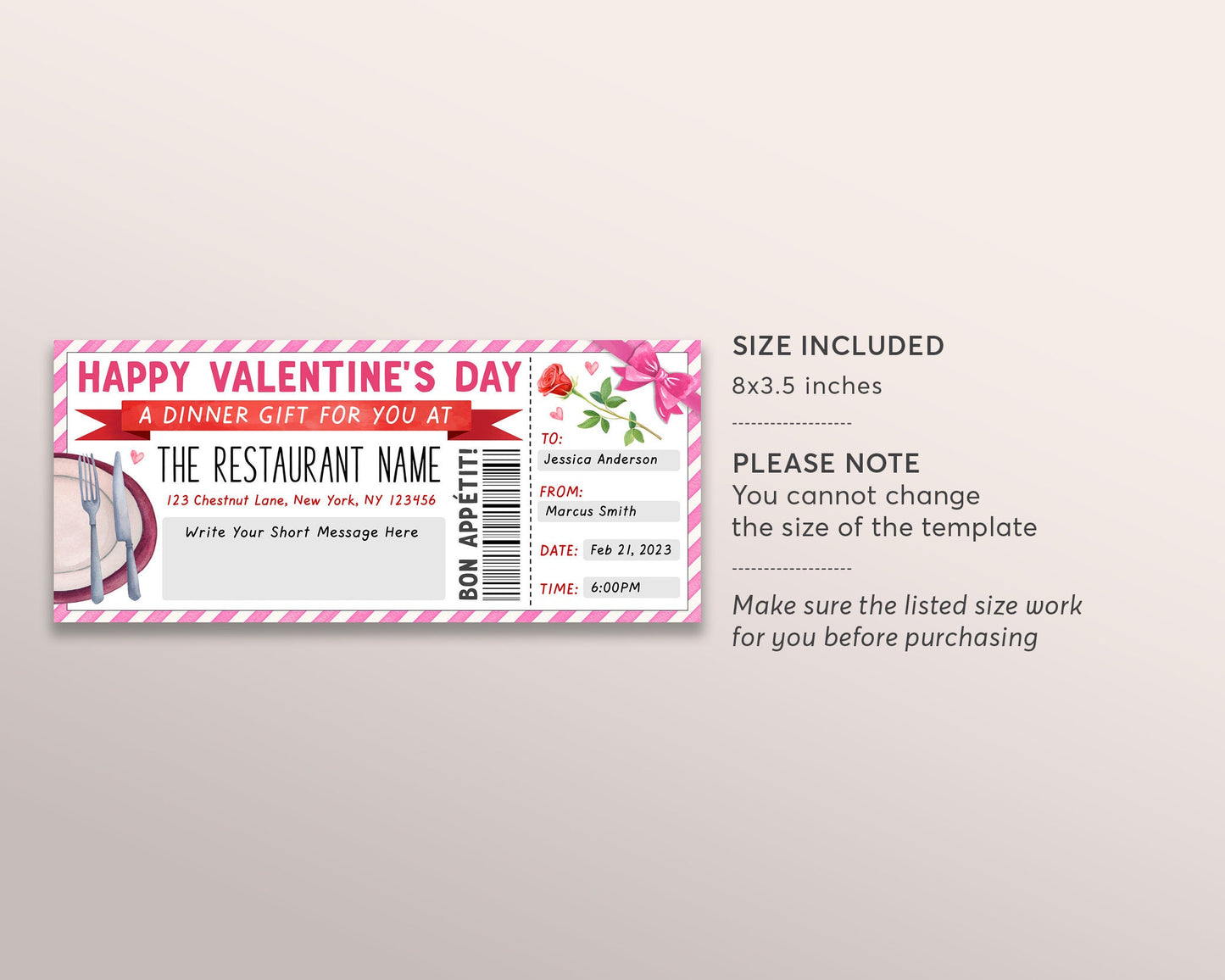 Valentines Day Restaurant Gift Voucher Editable Template, Surprise Dinner Date Gift Certificate Invite Printable, Dining Night Out Coupon