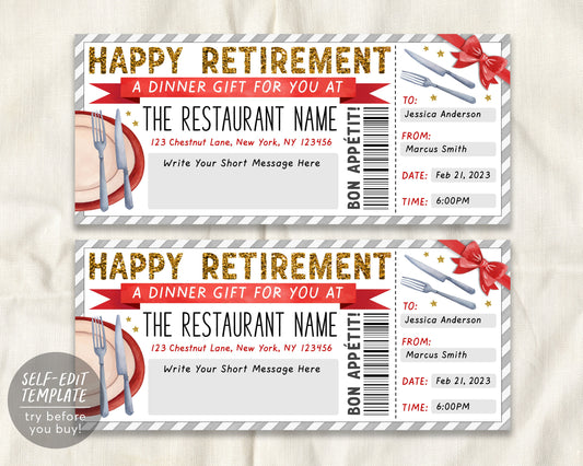 Retirement Surprise Dinner Gift Voucher Editable Template