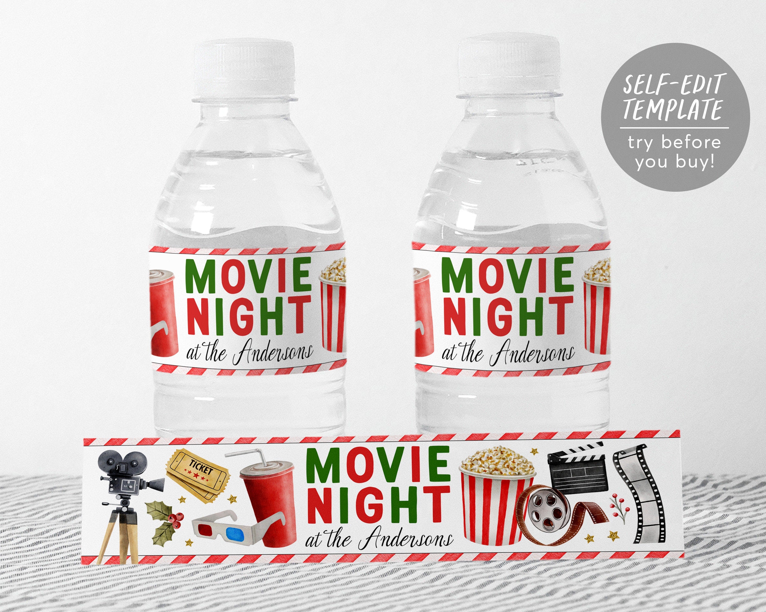 Christmas Movie Night Water Bottle Labels Editable Template, Movie Bir