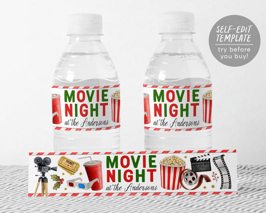 Christmas Movie Night Water Bottle Labels Editable Template