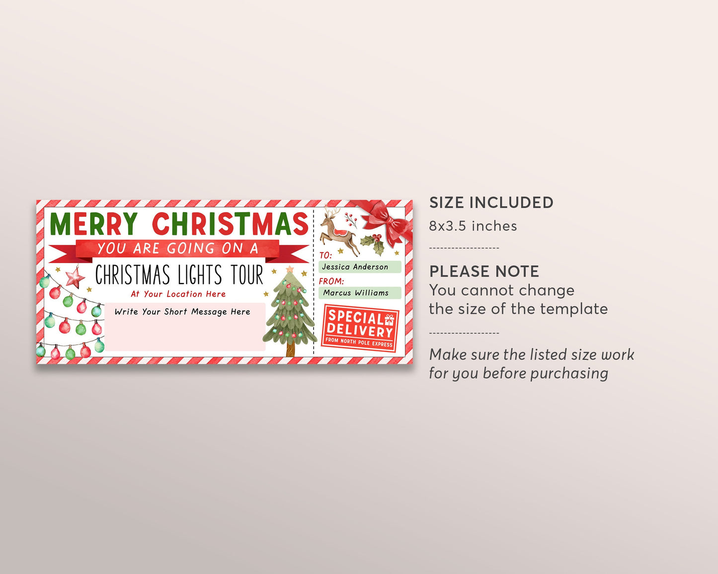 Christmas Lights Tour Ticket Editable Template, Surprise Holiday Lights Display Gift Voucher Winter Wonderland Neighborhood Family Night Out