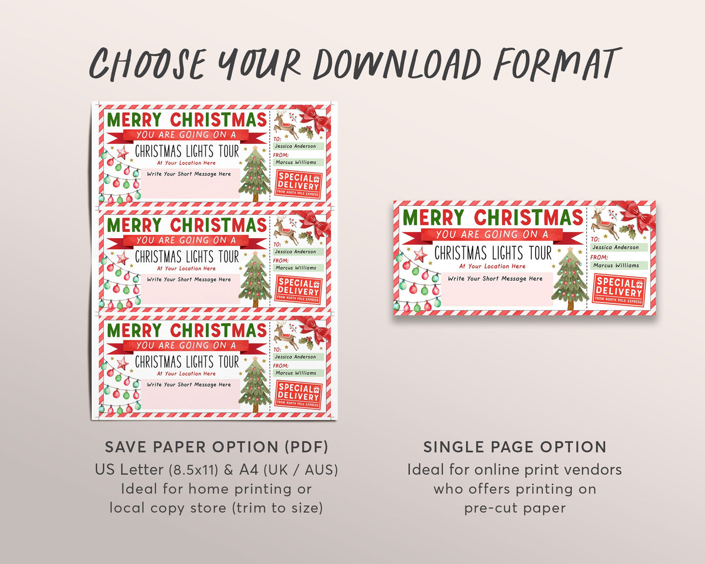 Christmas Lights Tour Ticket Editable Template, Surprise Holiday Lights Display Gift Voucher Winter Wonderland Neighborhood Family Night Out