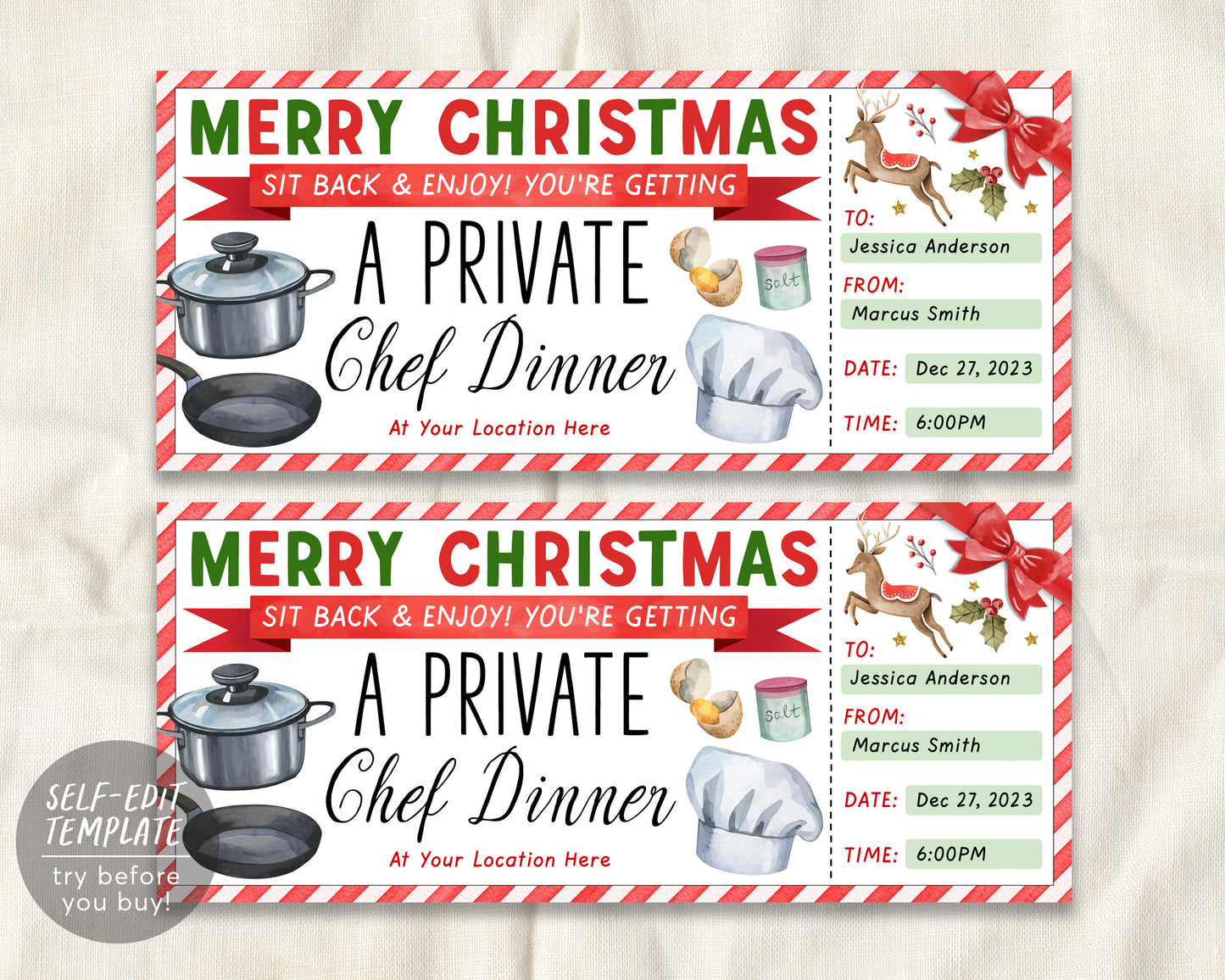 Christmas Private Chef Dinner Gift Voucher Ticket Editable Template