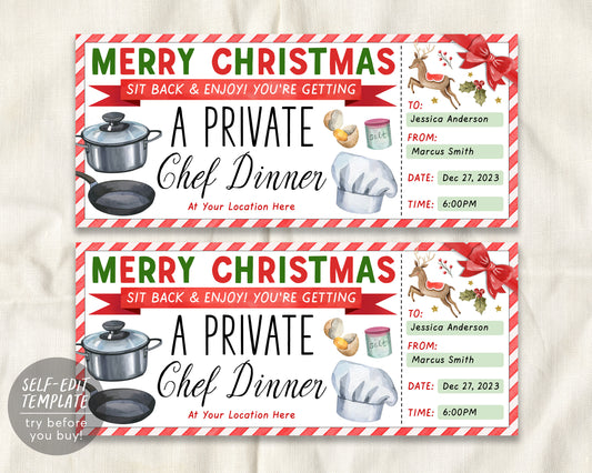 Christmas Private Chef Dinner Gift Voucher Ticket Editable Template