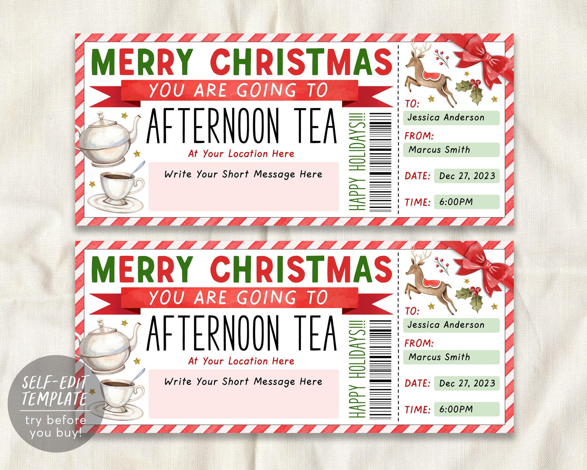 Afternoon Tea Gift Voucher Ticket Editable Template