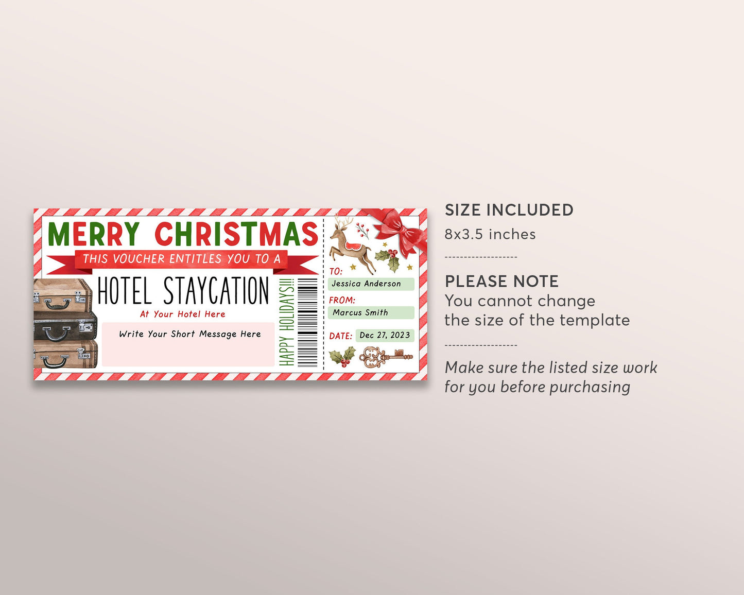 Christmas Hotel Staycation Voucher Editable Template, Surprise Hotel Reservation, Holiday Weekend Getaway Hotel Ticket Gift Certificate