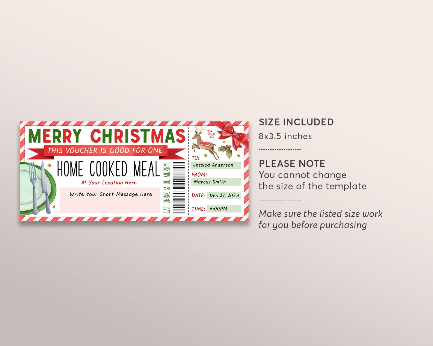 Christmas Home Cooked Meal Coupon Editable Template, Surprise Personal Chef Experience Dinner Gift Voucher, Holiday Dining Gift Certificate