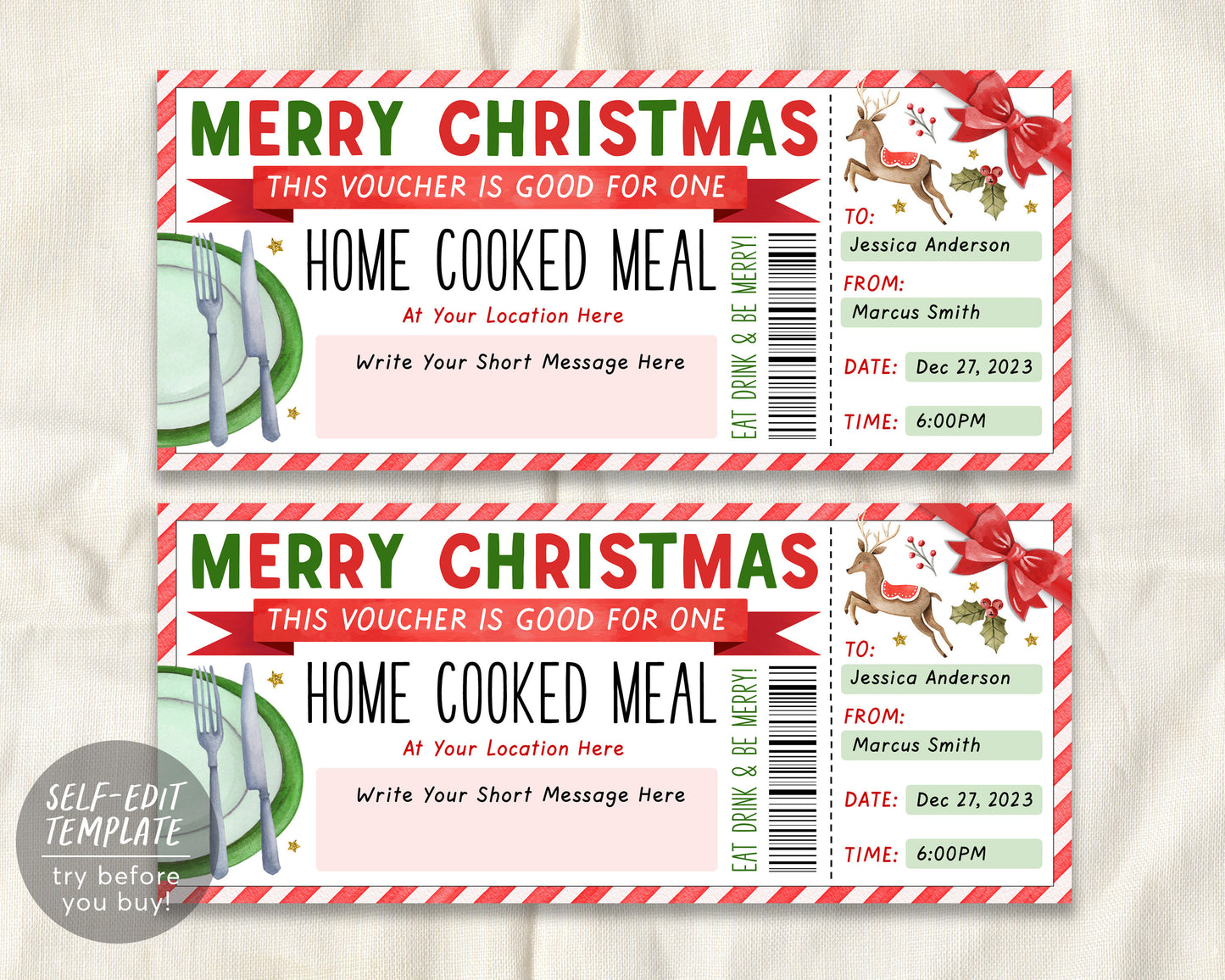 Christmas Home Cooked Meal Coupon Editable Template