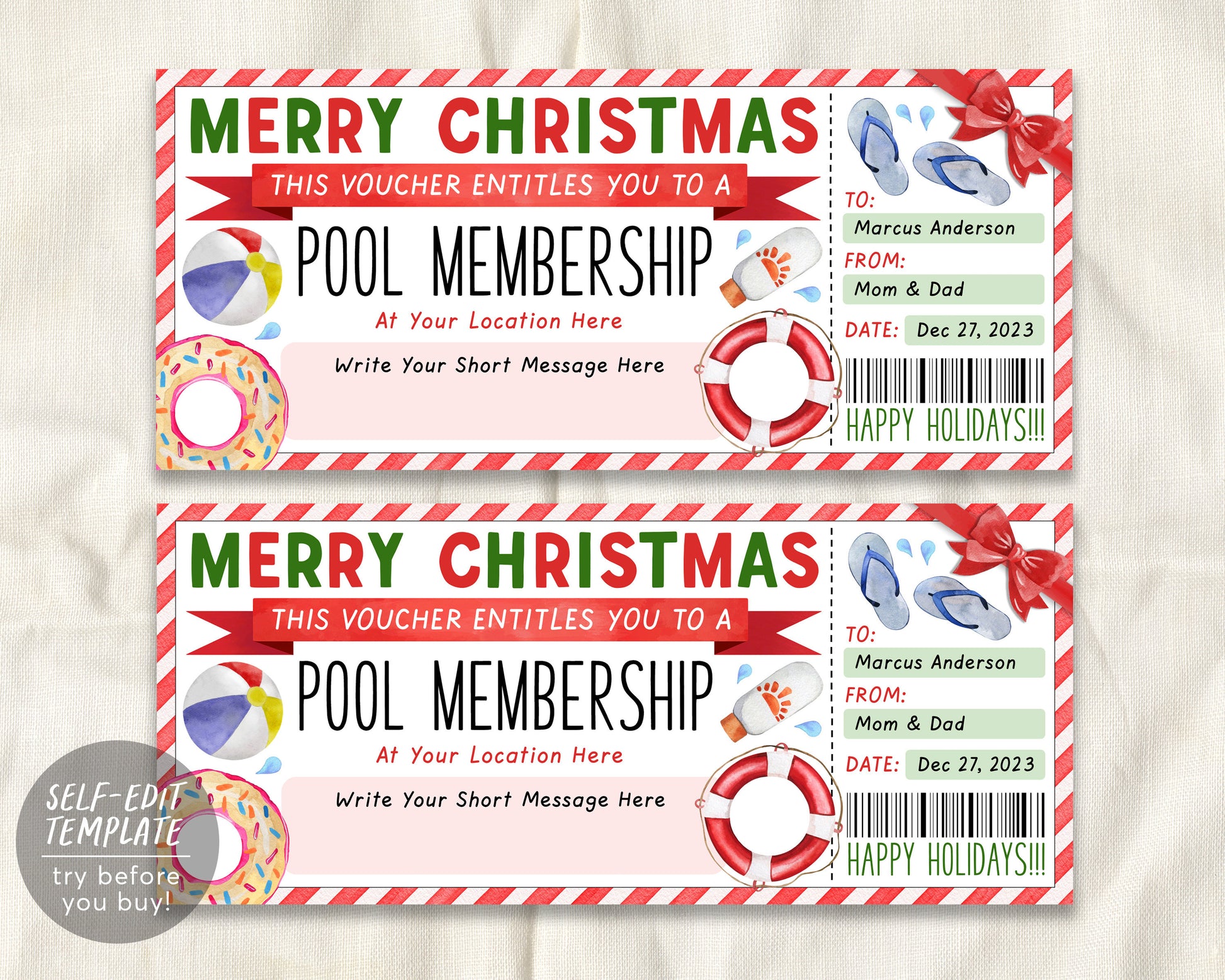 Christmas Pool Membership Gift Certificate Ticket Editable Template