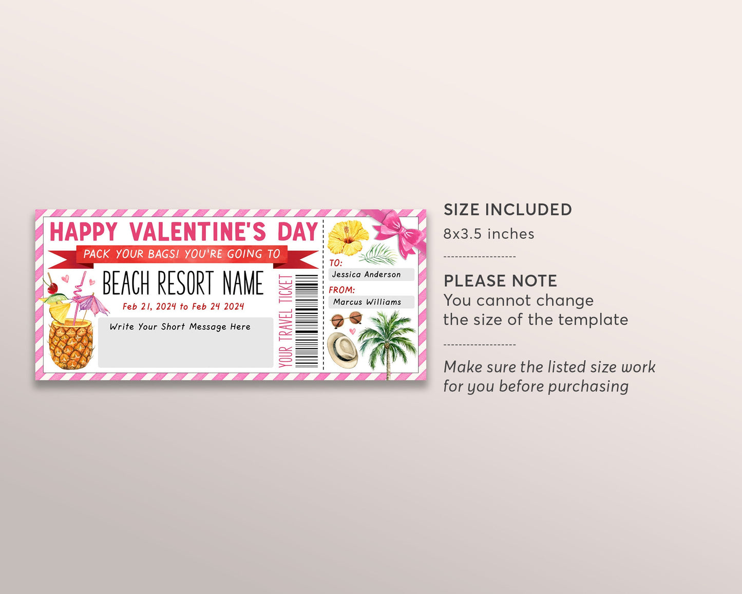 Beach Resort Vacation Travel Ticket Editable Template, Valentines Day Surprise Trip Reveal, Tropical Weekend Getaway For Girlfriend Wife