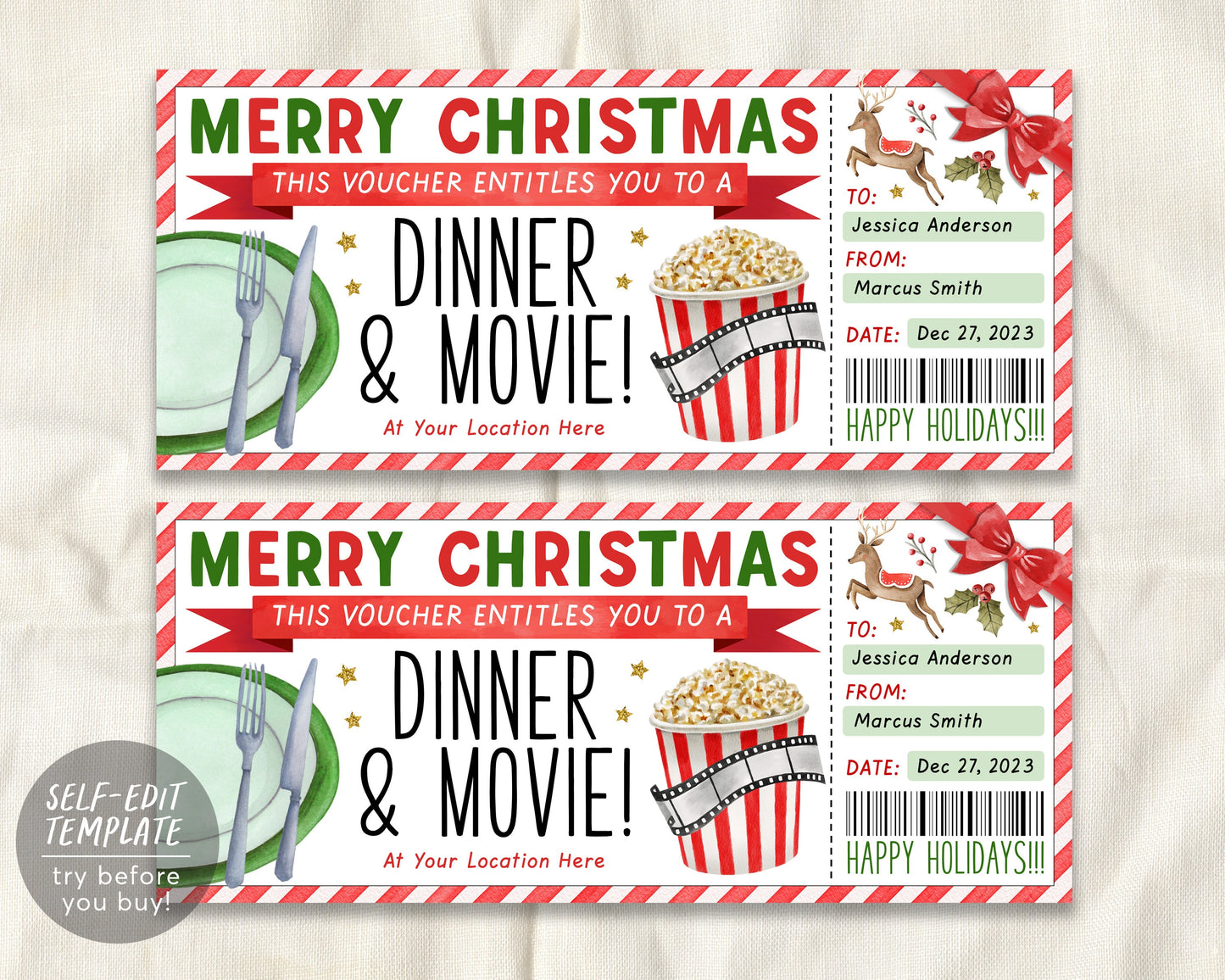 Christmas Dinner and Movie Gift Voucher Editable Template