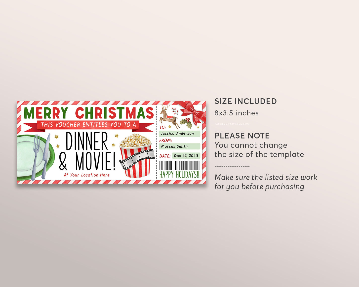 Christmas Dinner and Movie Gift Voucher Editable Template, Surprise Date Night Restaurant Gift Certificate Reveal, Holiday Movie Coupon