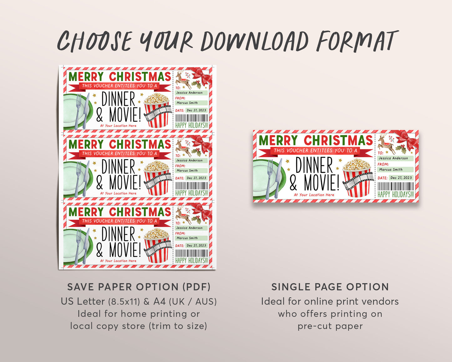 Christmas Dinner and Movie Gift Voucher Editable Template, Surprise Date Night Restaurant Gift Certificate Reveal, Holiday Movie Coupon