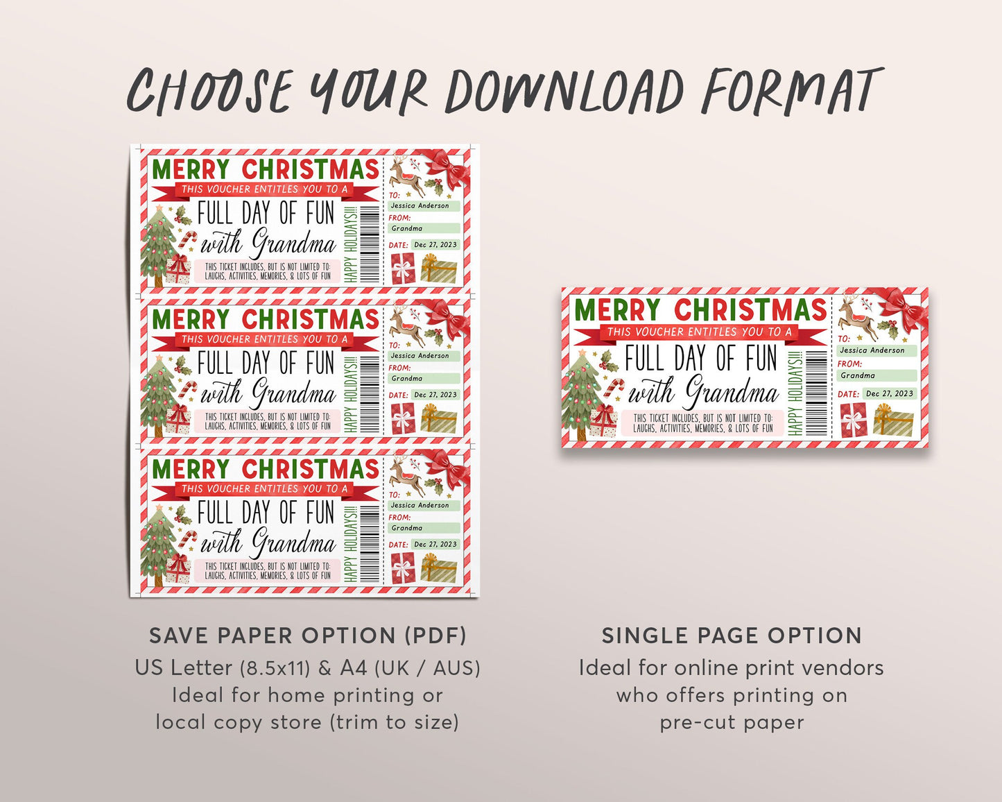 Christmas Fun Day Ticket Editable Template, Surprise Day Of Fun with Grandma Gift Certificate For Kids, Holiday Fun Experience Voucher DIY