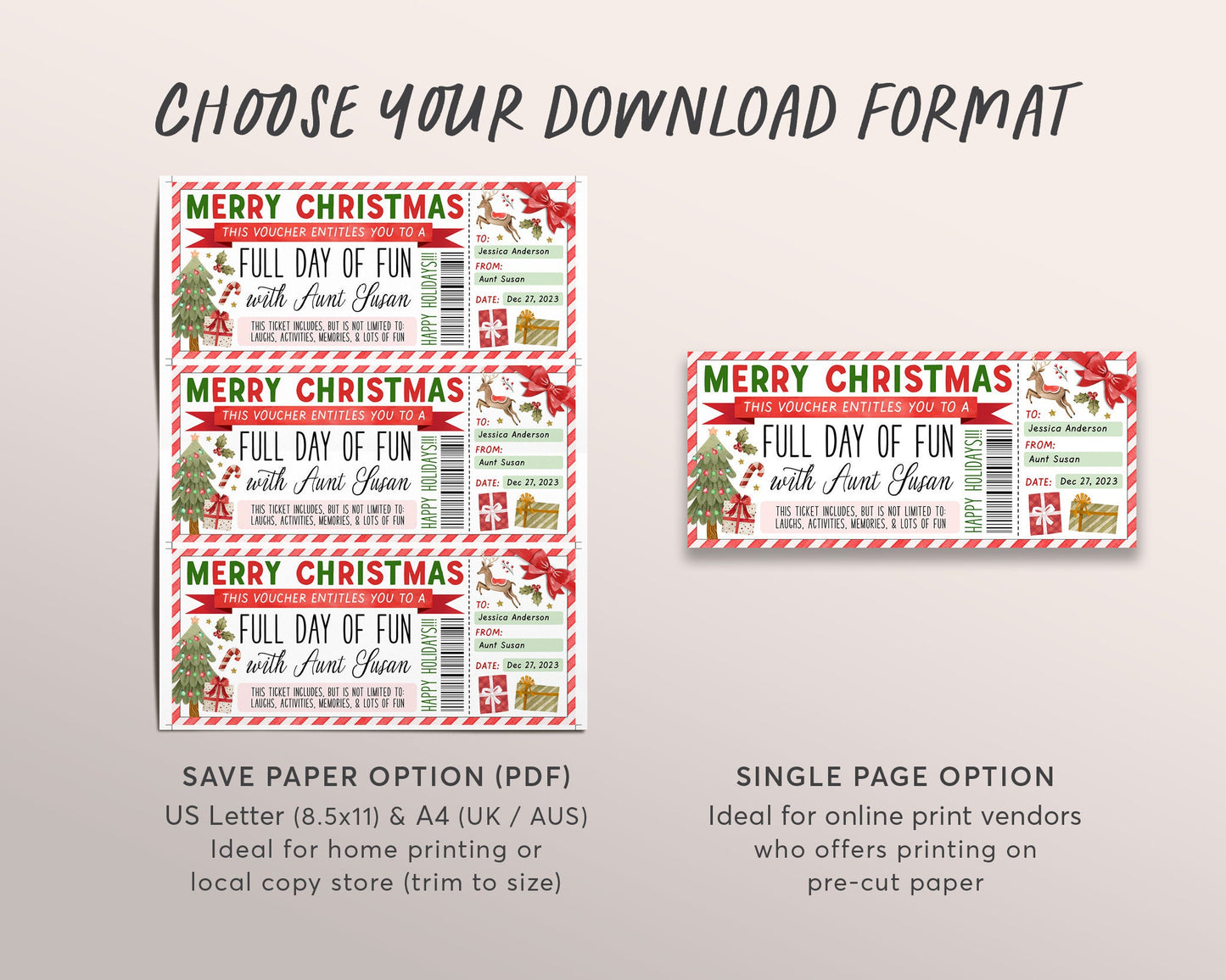 Christmas Fun Day Ticket Editable Template, Surprise Day Of Fun with Aunt Gift Certificate For Kids, Holiday Fun Experience Voucher DIY