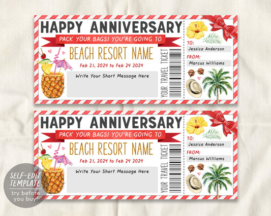 Wedding Anniversary Beach Resort Vacation Travel Ticket Editable Template