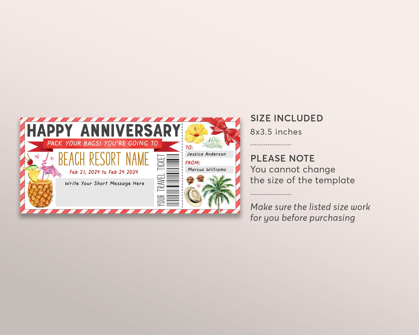 Wedding Anniversary Beach Resort Vacation Travel Ticket Editable Template, Valentines Day Surprise Trip Reveal, Tropical Weekend Getaway DIY