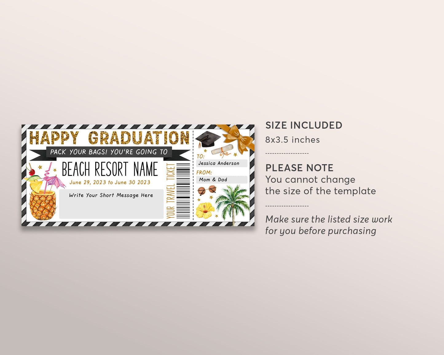 Beach Resort Vacation Travel Ticket Editable Template, Graduation Day Surprise Trip Reveal For New Graduate Tropical Weekend Getaway Voucher