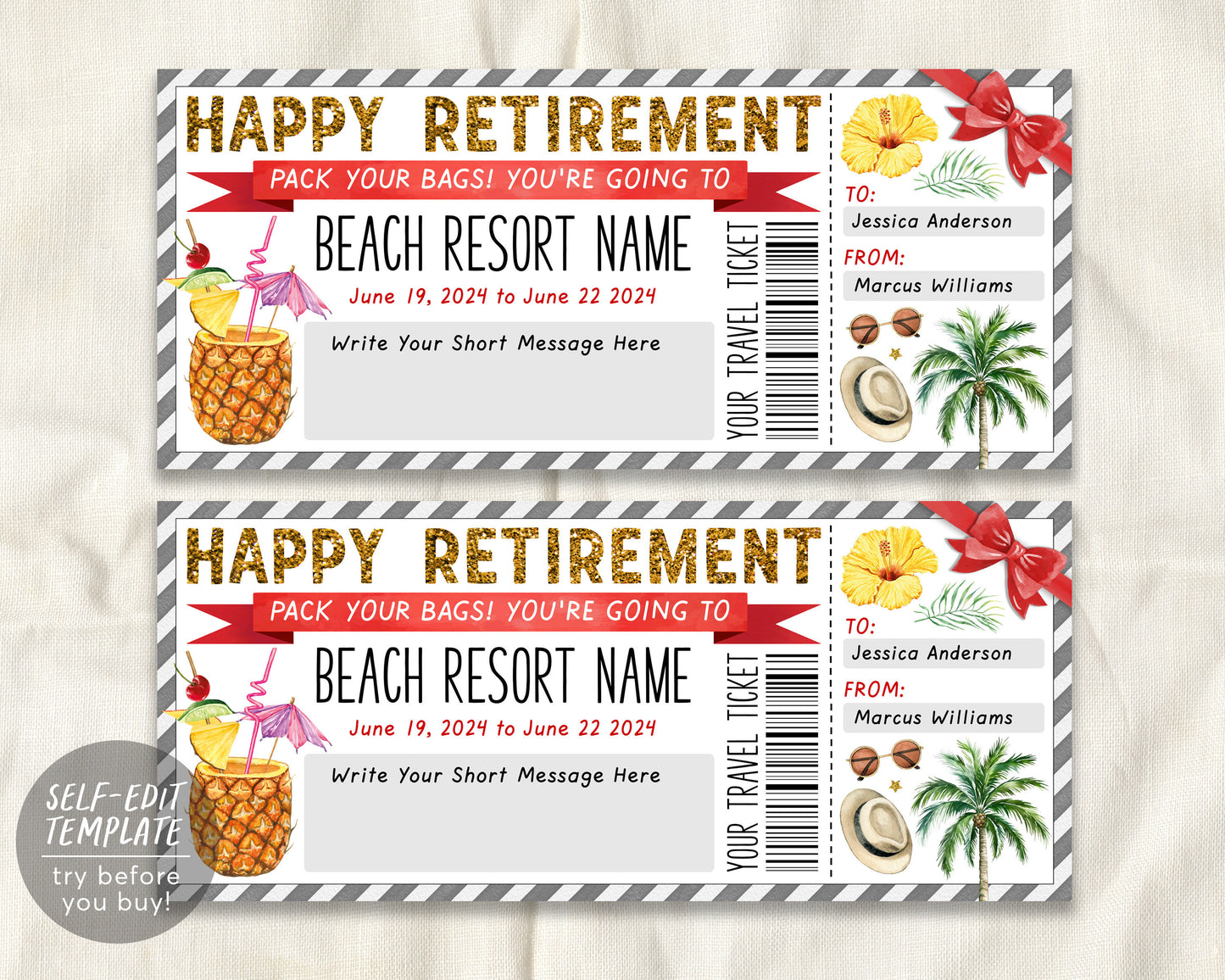 Retirement Beach Resort Vacation Travel Ticket Editable Template