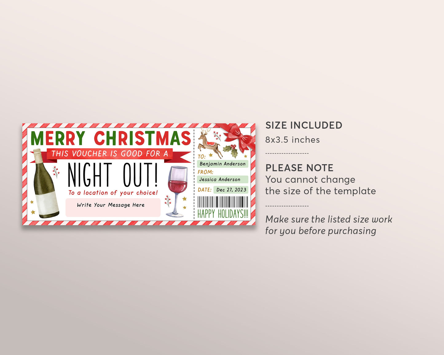 Christmas Night Out Gift Voucher Editable Template, Xmas Holiday Girls Night Dinner Date Gift Certificate Invite Printable Winter Dining