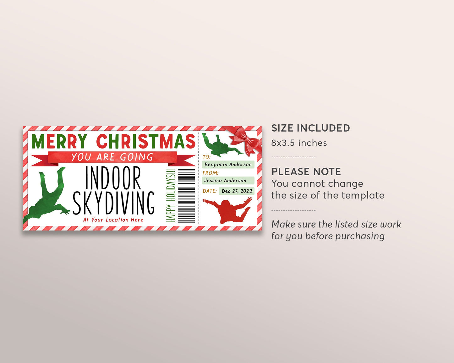 Christmas Indoor Skydiving Gift Certificate Ticket Editable Template, Surprise Sky Dive Experience Gift Voucher Holiday Coupon Printable