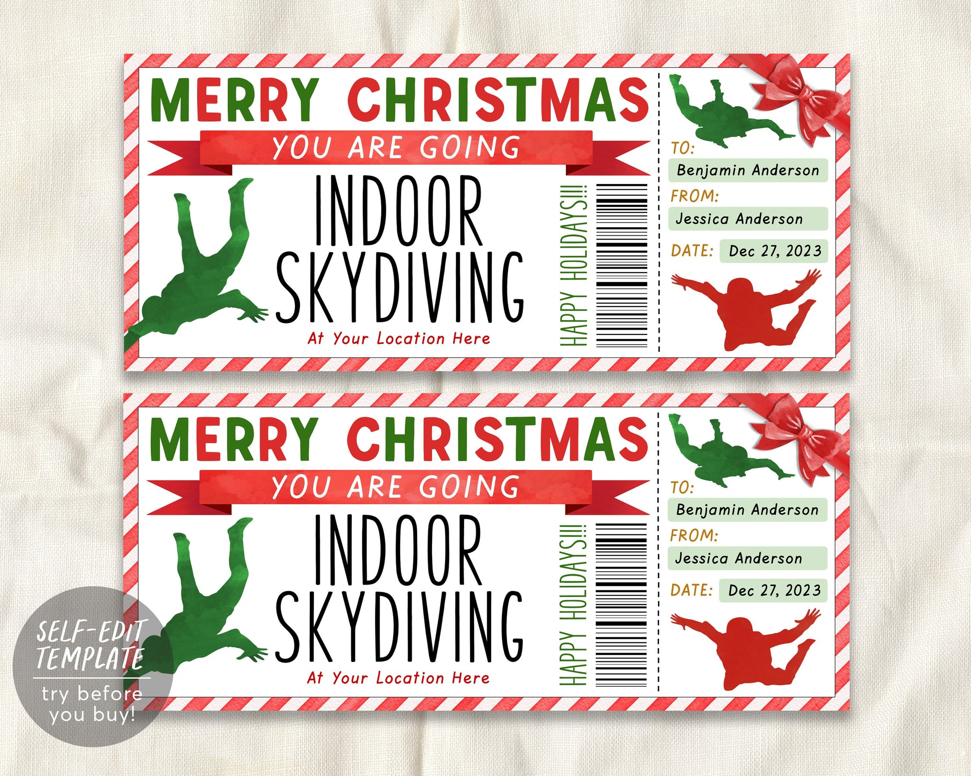 Christmas Indoor Skydiving Gift Certificate Ticket Editable Template