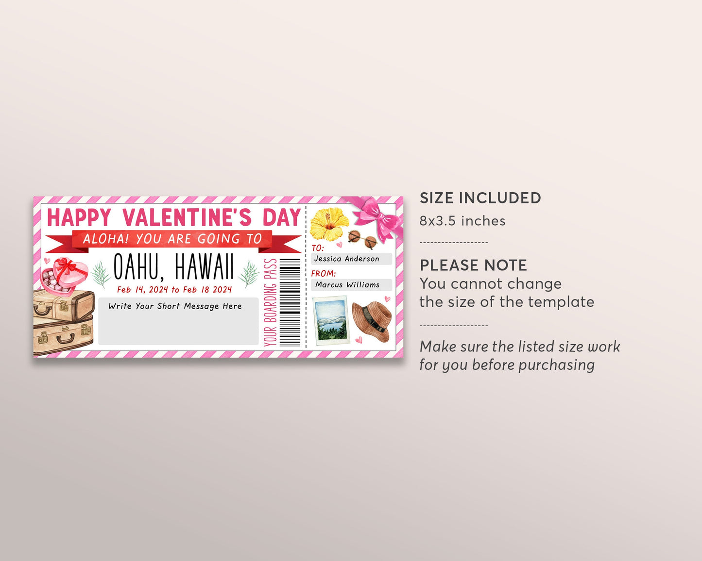 Hawaii Plane Ticket Boarding Pass Editable Template, Valentines Day Surprise Trip to Hawaii Ticket Tropical Beach Vacation Getaway Reveal