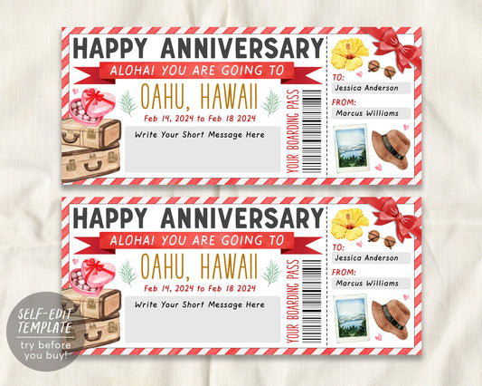 Wedding Anniversary Hawaii Plane Ticket Boarding Pass Editable Template