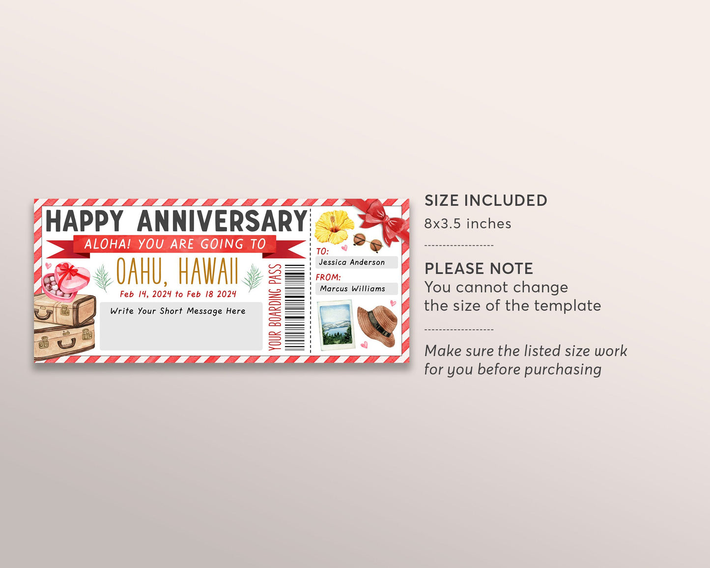 Anniversary Hawaii Plane Ticket Boarding Pass Editable Template, Valentines Day Surprise Trip to Hawaii Tropical Beach Vacation Getaway DIY