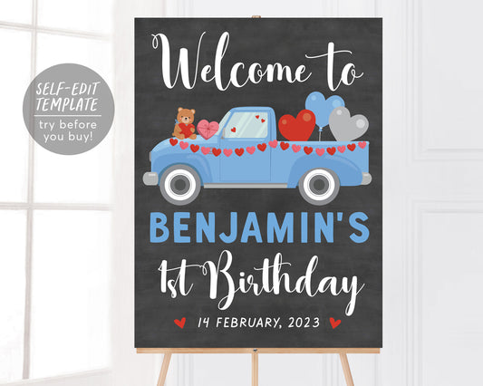 Valentines Theme Welcome Sign BOY Birthday Party Editable Template
