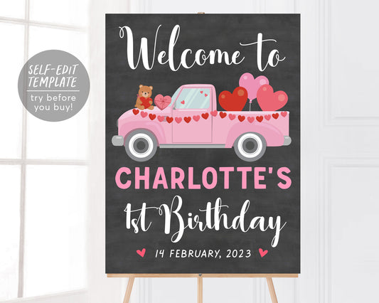 Valentines Theme Welcome Sign Girl Birthday Party Editable Template