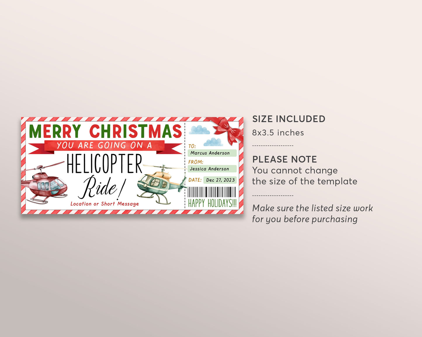 Christmas Helicopter Ride Ticket Gift Certificate Editable Template, Surprise Helicopter Experience Gift Voucher Holiday Coupon Printable